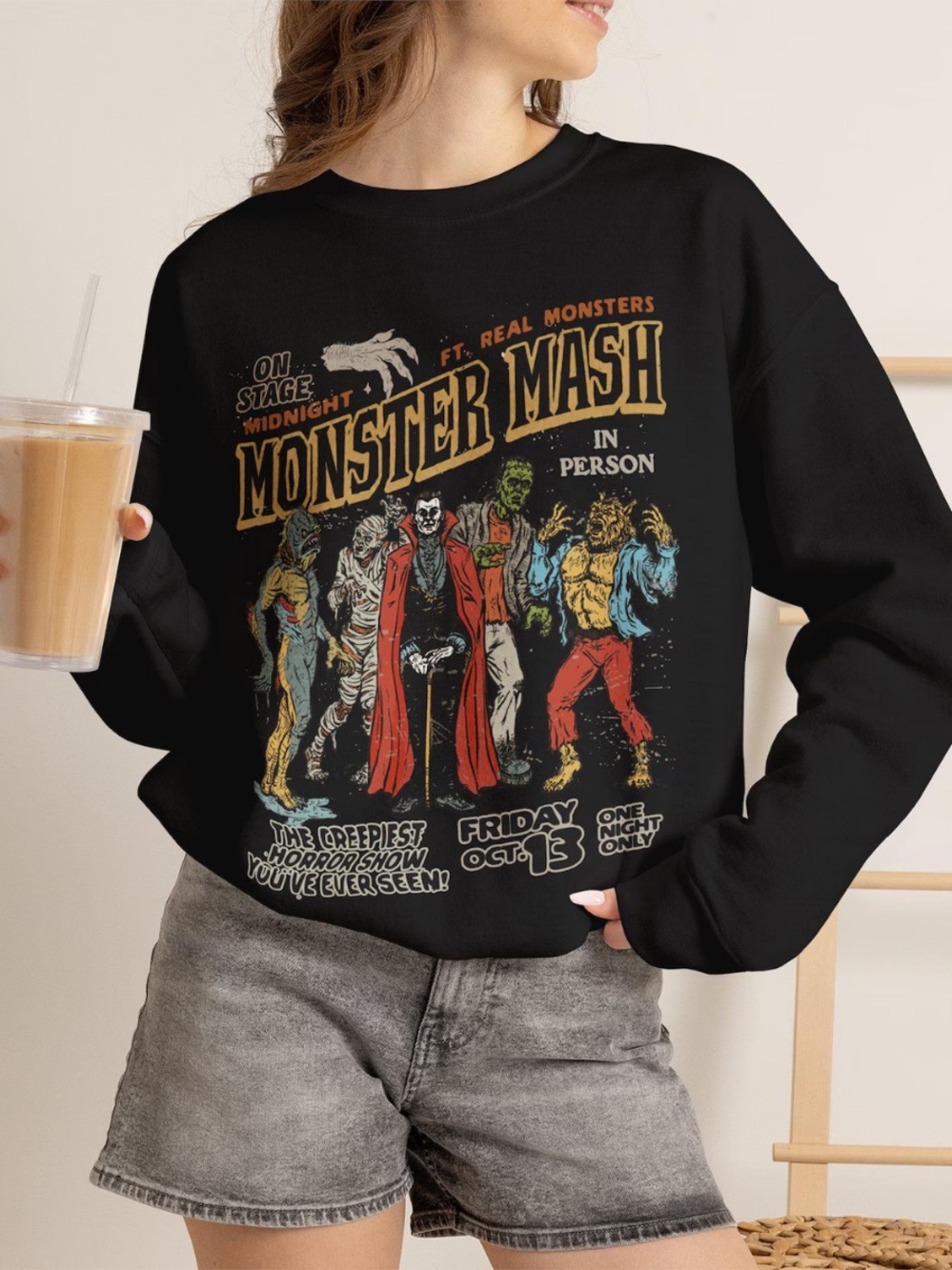 Black 'Monster Mash' Graphic Crewneck Sweatshirt
